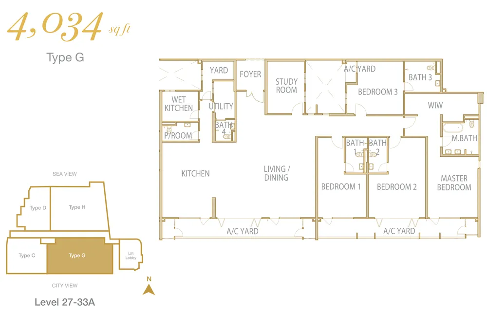 Cantonment Residence, Pulau Tikus: Type G 4-bedroom floor plan, 4,034 sq ft
