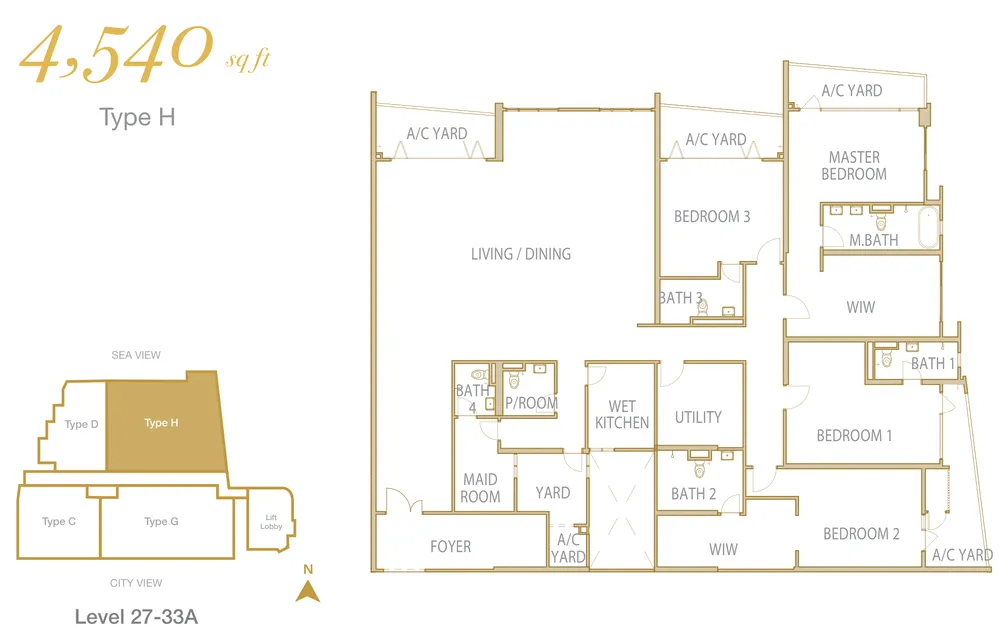 Cantonment Residence, Pulau Tikus: Type H 4-bedroom floor plan, 4,540 sq ft