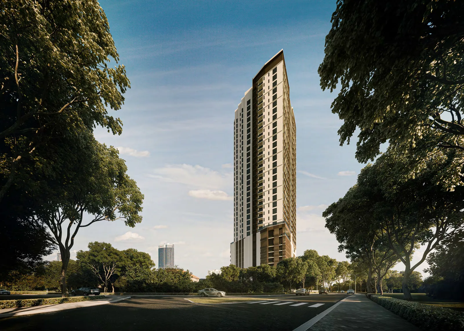 Cantonment Residence, Pulau Tikus: single residential tower seen from a tree-lined street, artist's impression