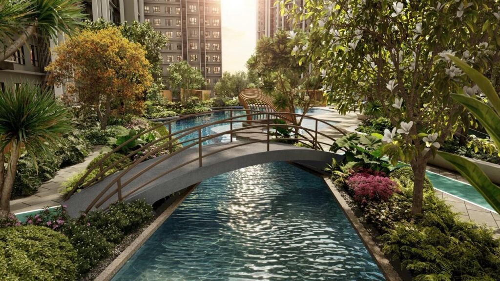 Causewayz Square pool with garden bridge