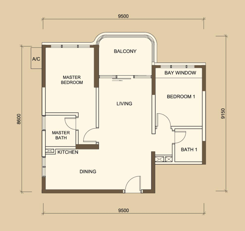 Country Garden Danga Bay 户型图：B 型，2 房 2 浴，816 平方尺