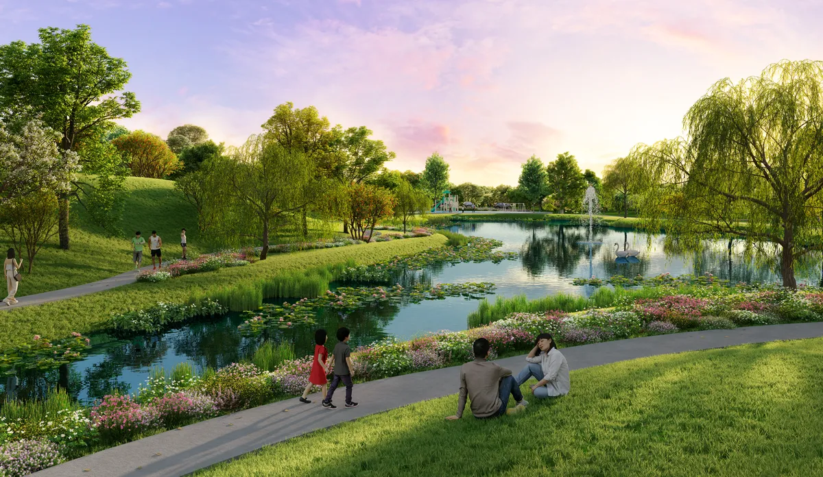 Crest at Austin lakeside walking path at sunset, artist impression