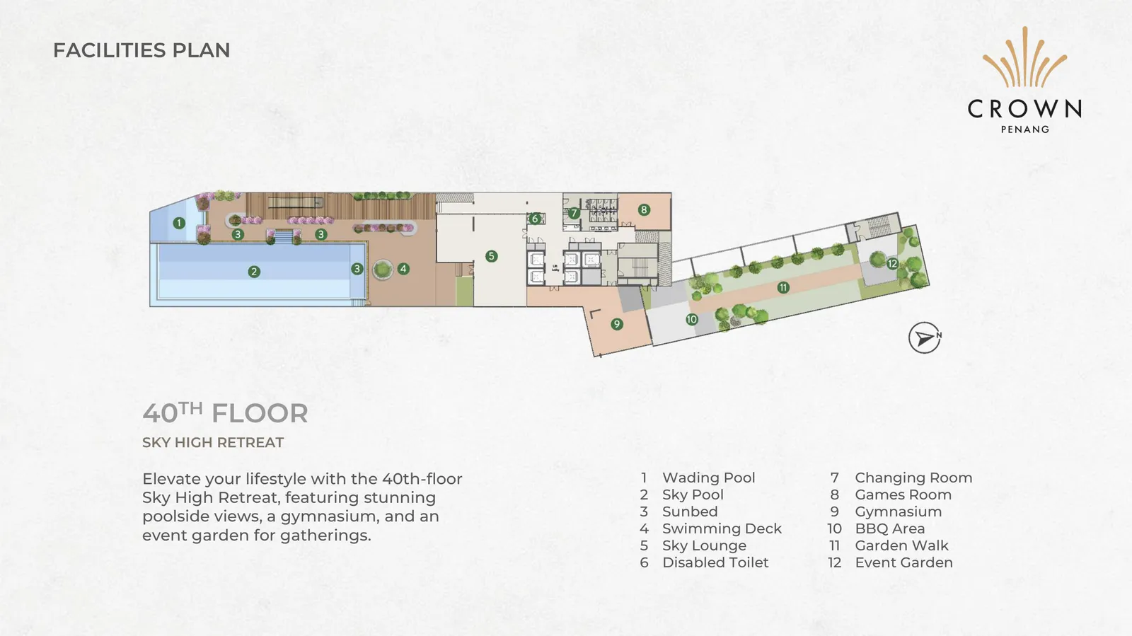 Crown Penang, Tanjung Tokong, Penang: Level 40 facilities plan with sky pool, gym and event garden