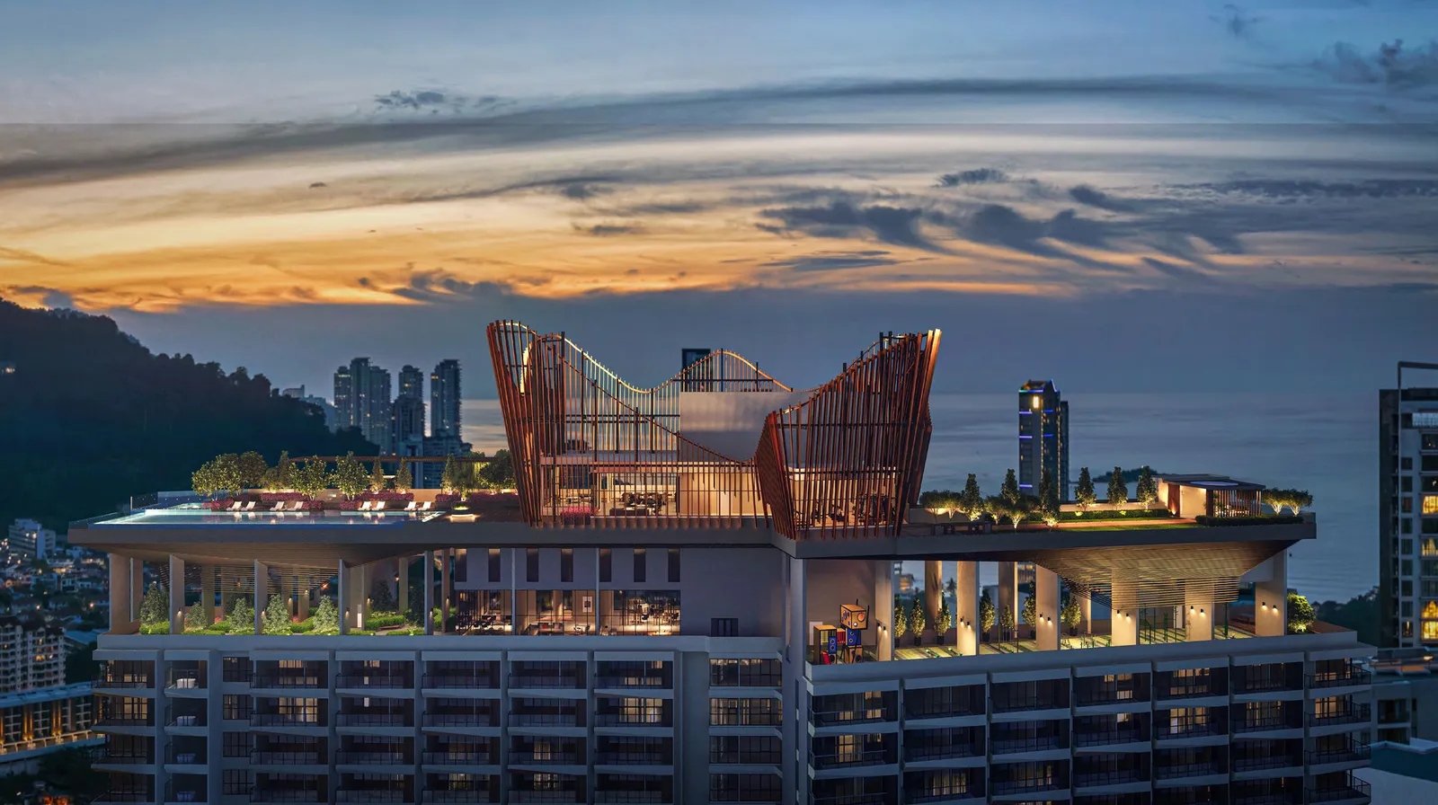 Crown Penang, Tanjung Tokong, Penang: rooftop sky facilities at dusk with Penang Hill behind, artist's impression