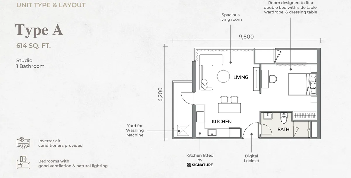 Crown Penang, Tanjung Tokong, Penang: Type A floor plan, studio 1 bath, 614 sq ft