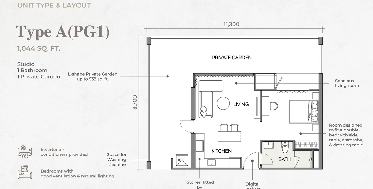 Crown Penang, Tanjung Tokong, Penang: Type A(PG1) floor plan, studio 1 bath, with private garden, 1,044 sq ft