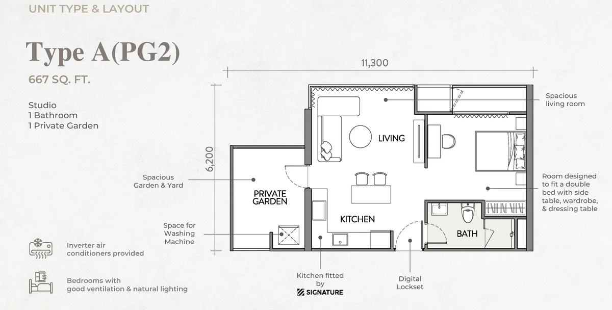 Crown Penang, Tanjung Tokong, Penang: Type A(PG2) floor plan, studio 1 bath, with garden, 667 sq ft