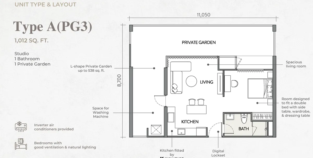 Crown Penang, Tanjung Tokong, Penang: Type A(PG3) floor plan, studio 1 bath, with private garden, 1,012 sq ft
