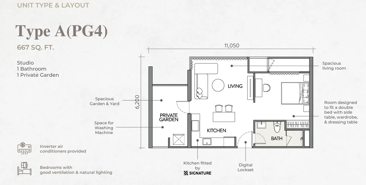 Crown Penang, Tanjung Tokong, Penang: Type A(PG4) floor plan, studio 1 bath, with garden, 667 sq ft
