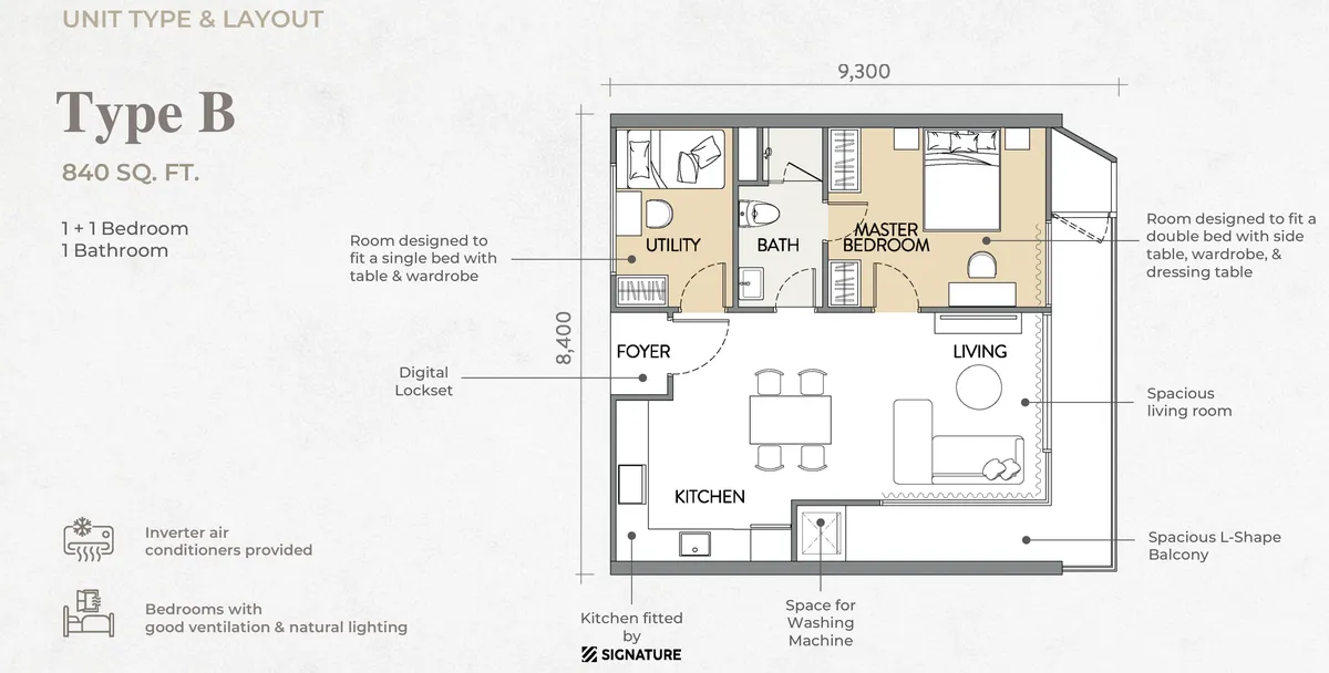 Crown Penang, Tanjung Tokong, Penang: Type B floor plan, 1+1 bed 1 bath, 840 sq ft