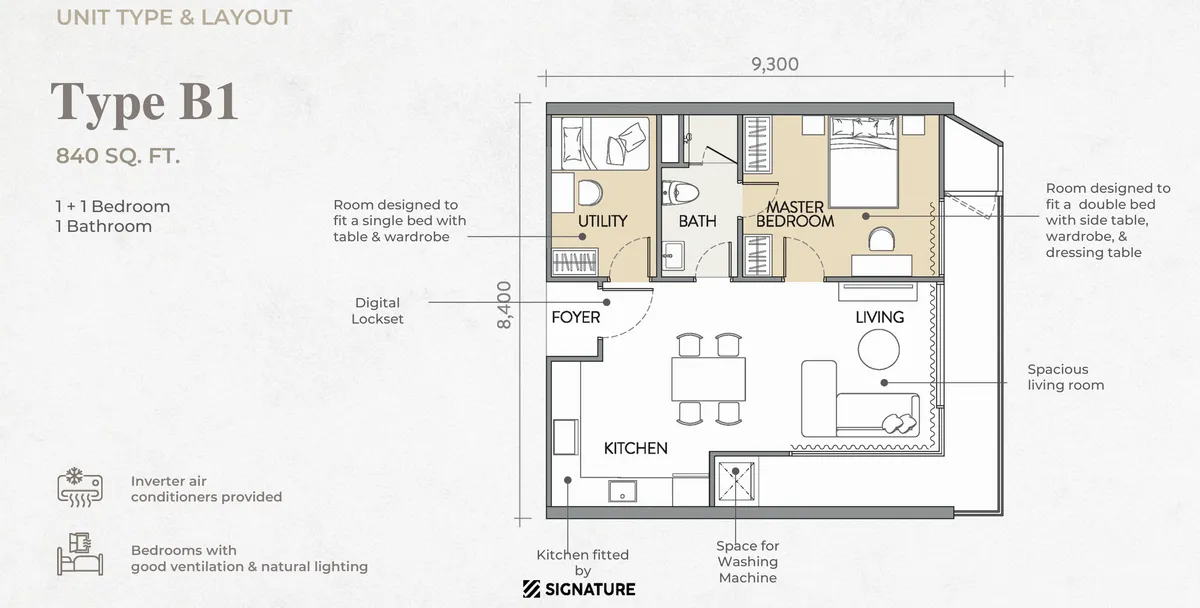 Crown Penang, Tanjung Tokong, Penang: Type B1 floor plan, 1+1 bed 1 bath, 840 sq ft