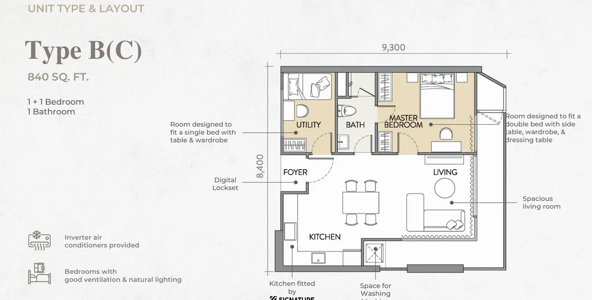 Crown Penang, Tanjung Tokong, Penang: Type B(C) floor plan, 1+1 bed 1 bath, corner, 840 sq ft