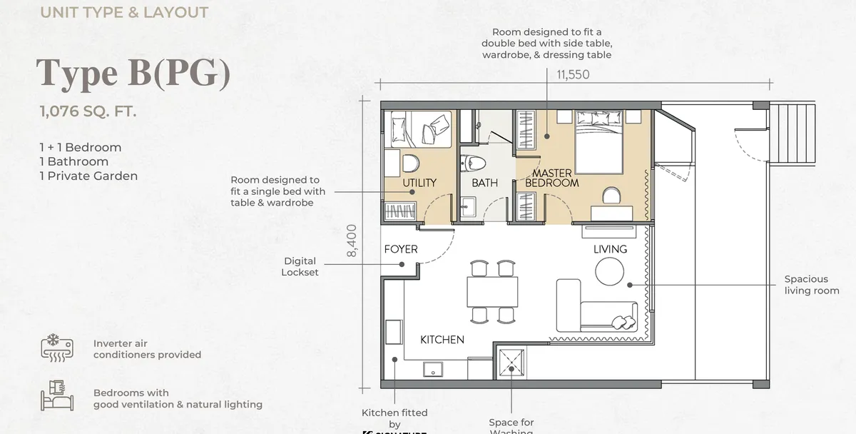 Crown Penang, Tanjung Tokong, Penang: Type B(PG) floor plan, 1+1 bed 1 bath, with private garden, 1,076 sq ft