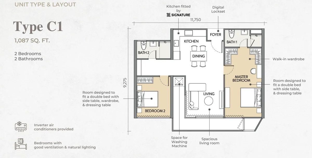 Crown Penang, Tanjung Tokong, Penang: Type C1 floor plan, 2 bed 2 bath, 1,087 sq ft