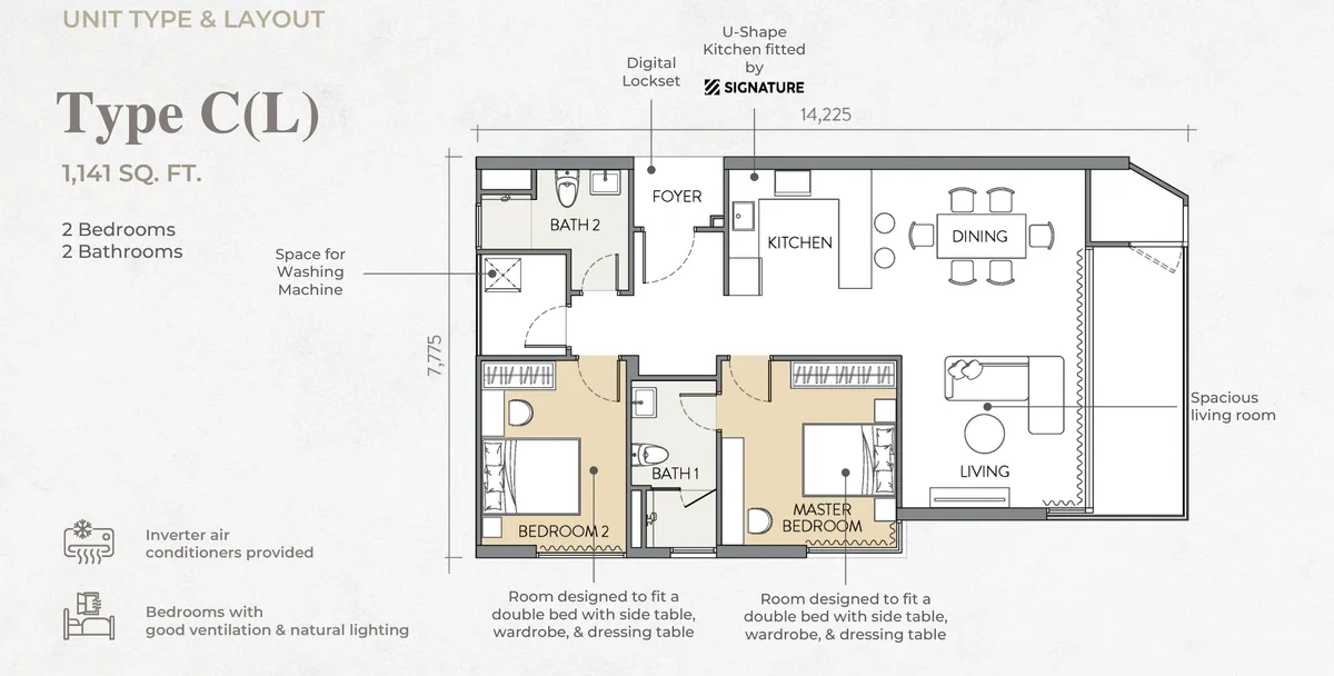 Crown Penang, Tanjung Tokong, Penang: Type C(L) floor plan, 2 bed 2 bath, 1,141 sq ft
