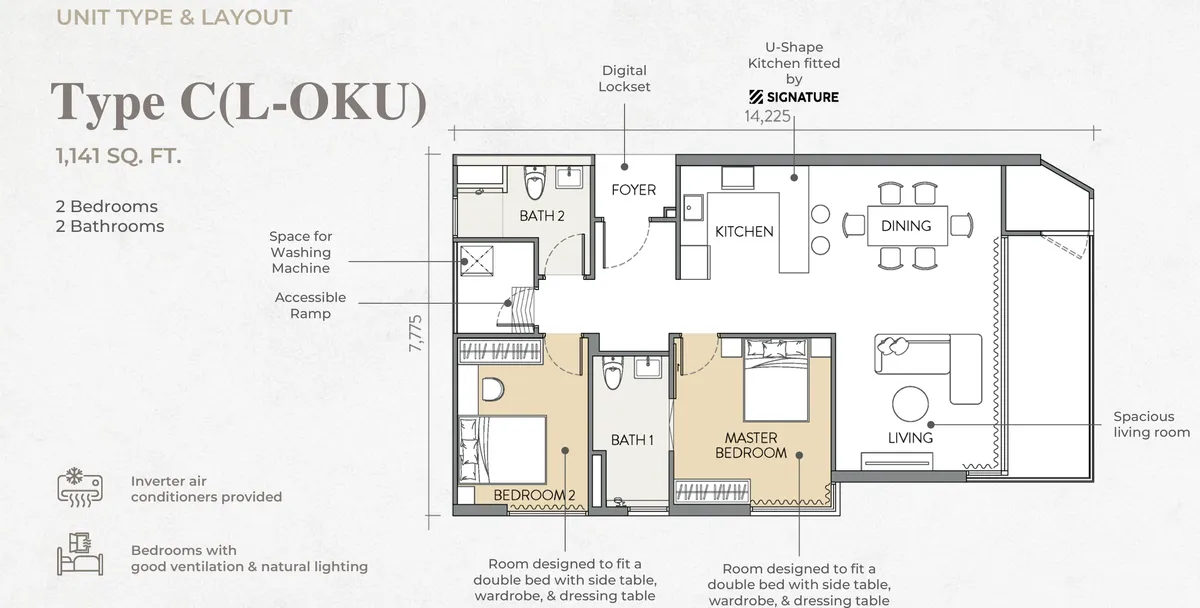Crown Penang, Tanjung Tokong, Penang: Type C(L-OKU) floor plan, 2 bed 2 bath, accessible, 1,141 sq ft