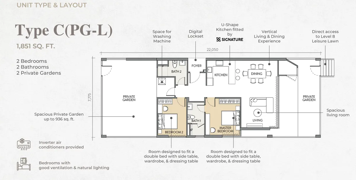 Crown Penang, Tanjung Tokong, Penang: Type C(PG-L) floor plan, 2 bed 2 bath, two private gardens, 1,851 sq ft
