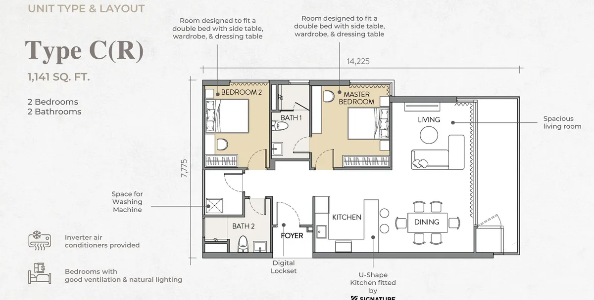 Crown Penang, Tanjung Tokong, Penang: Type C(R) floor plan, 2 bed 2 bath, 1,141 sq ft
