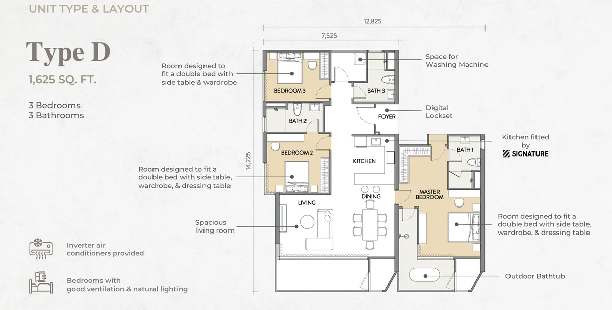 Crown Penang, Tanjung Tokong, Penang: Type D floor plan, 3 bed 3 bath, 1,625 sq ft
