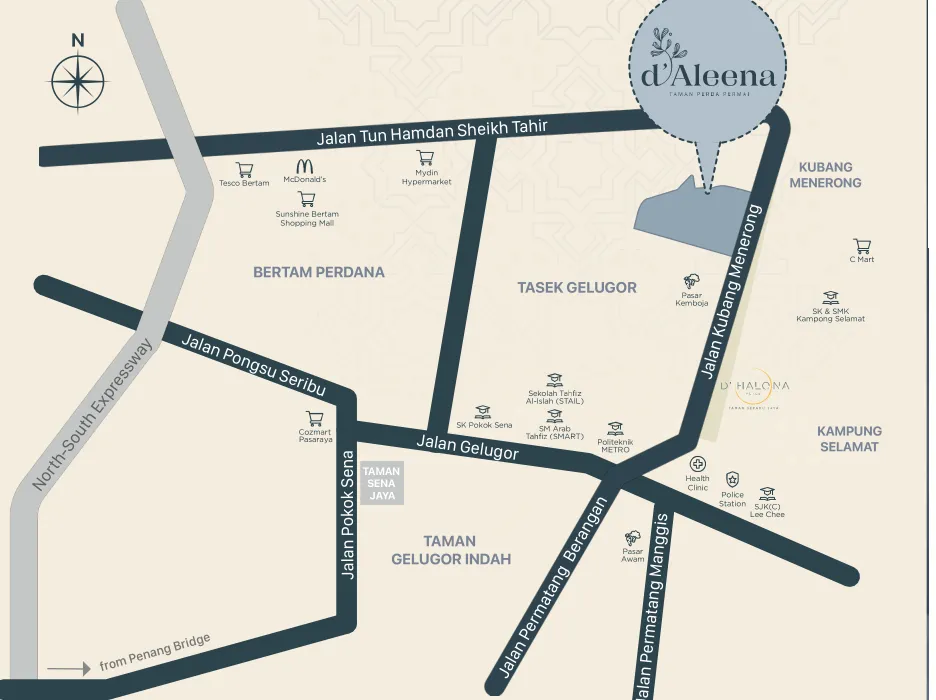 D'Aleena, Tasek Gelugor: location map, Jalan Kubang Menerong between Tasek Gelugor and Bertam