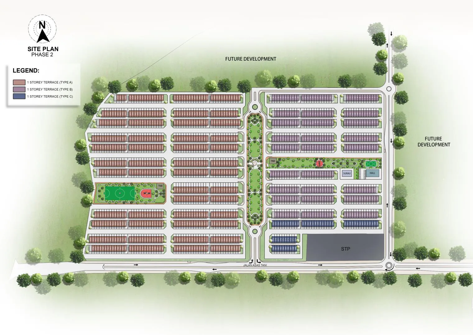 D'Aleena, Tasek Gelugor: residential site plan with terrace rows, park and football field