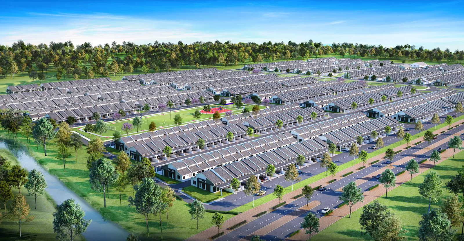 D'Aleena, Tasek Gelugor: aerial view of the terrace rows and green spine (artist's impression)