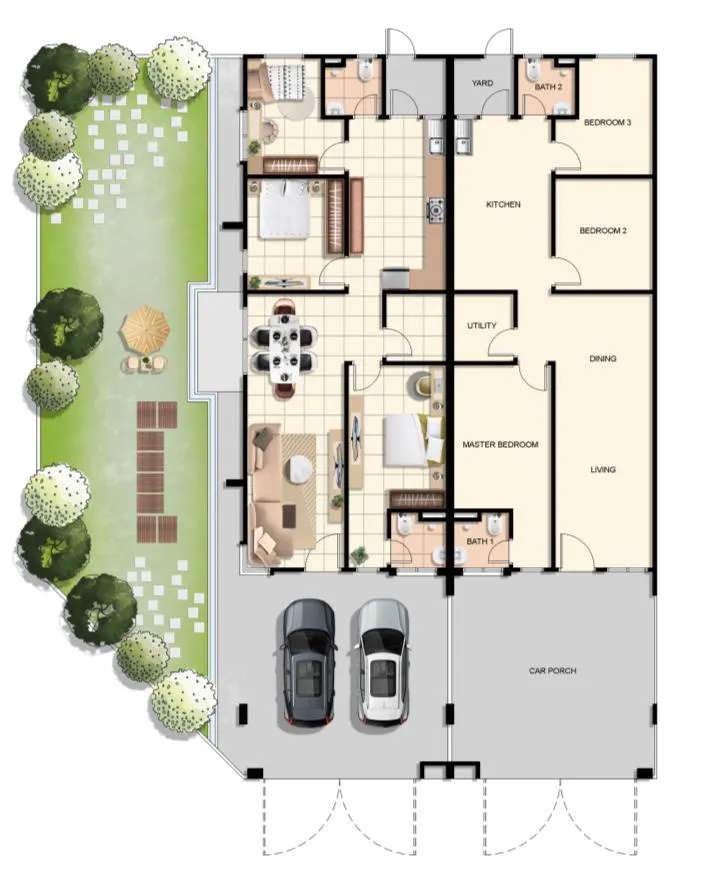 D'Aleena, Tasek Gelugor: Type A single-storey terrace floor plan, 3 bed 2 bath, 1,001 sq ft