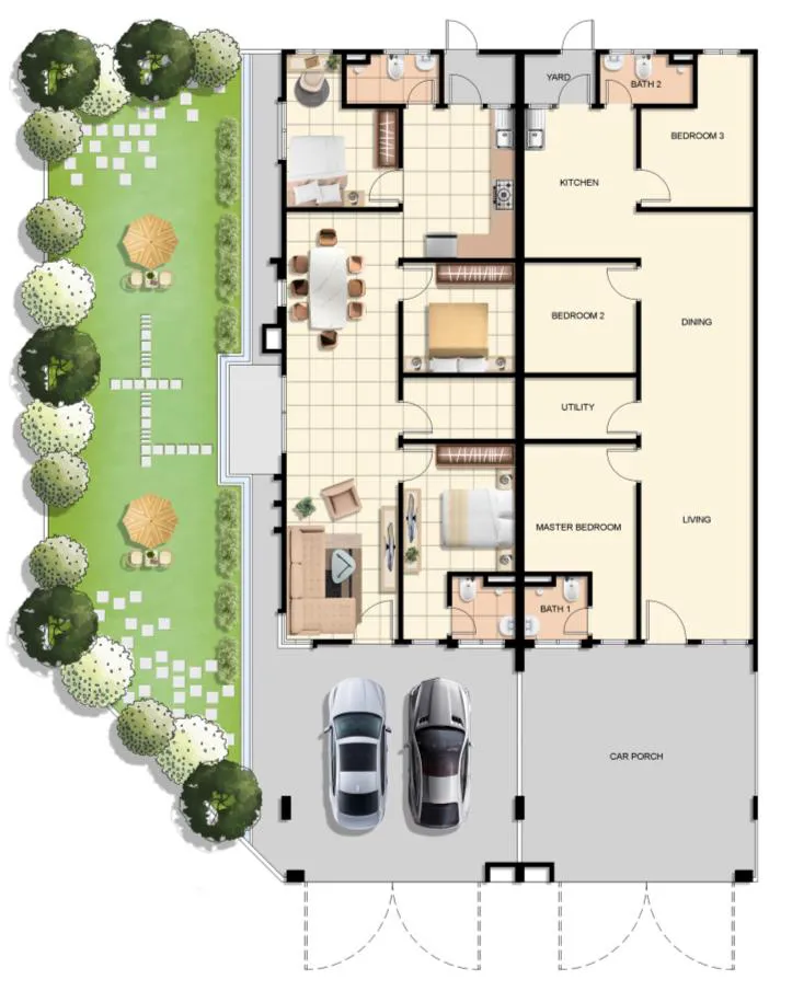 D'Aleena, Tasek Gelugor: Type B single-storey terrace floor plan, 3 bed 2 bath, 998 sq ft