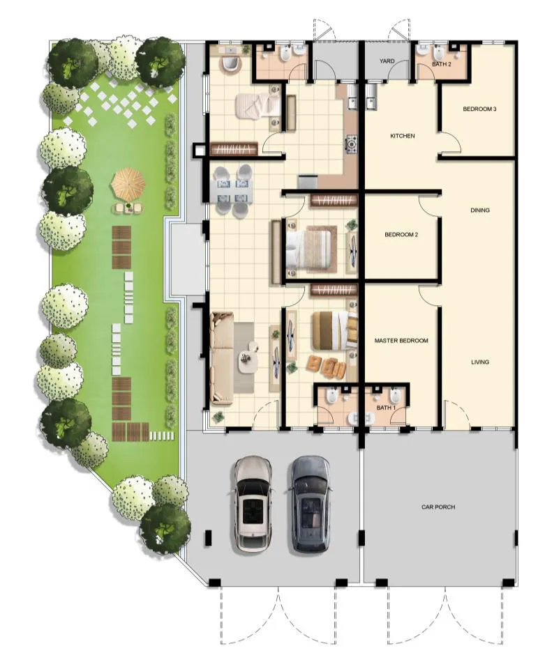 D'Aleena, Tasek Gelugor: Type C single-storey terrace floor plan, 3 bed 2 bath, 1,002 sq ft