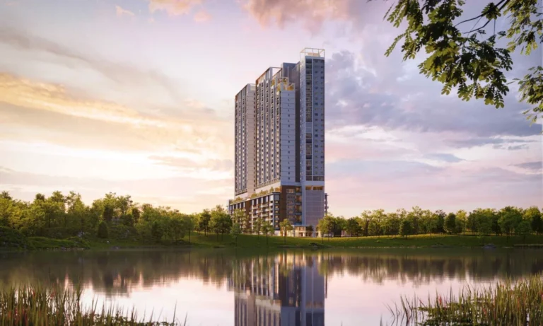 Danau Puchong lakeside serviced apartment tower seen across the lake at dusk (artist impression)