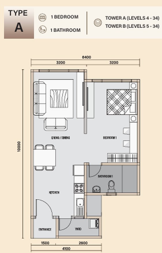 Daya 1 Residences 户型图：A 型，1 房，590 平方尺