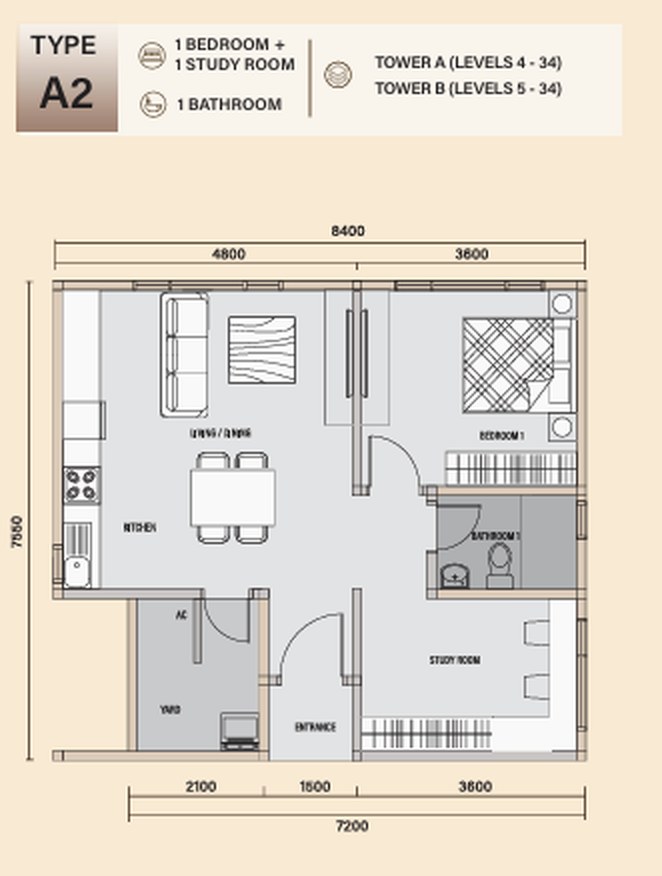 Daya 1 Residences 户型图：A2 型，1 房加书房，649 平方尺