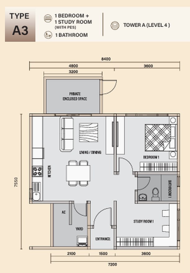 Daya 1 Residences 户型图：A3 型，附私人围合空间，721 平方尺