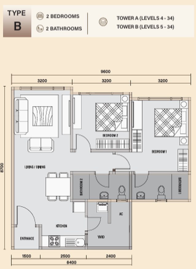Daya 1 Residences 户型图：B 型，2 房，778 平方尺