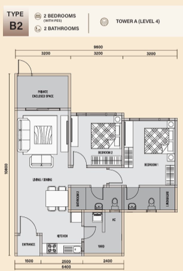 Daya 1 Residences 户型图：B2 型，附私人围合空间，851 平方尺
