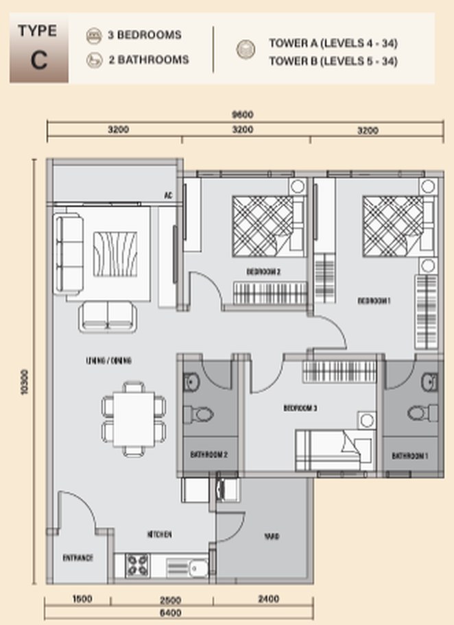 Daya 1 Residences 户型图：C 型，3 房，954 平方尺
