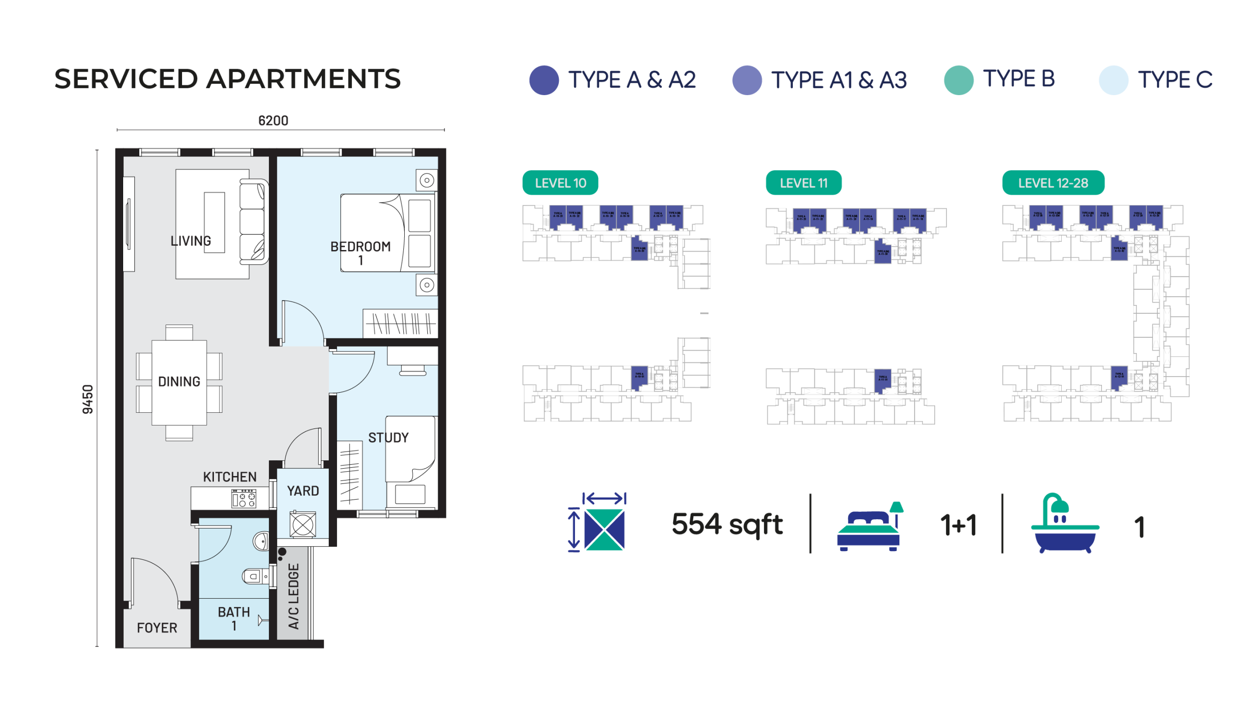 Type A and A2 floor plan, 554 sq ft