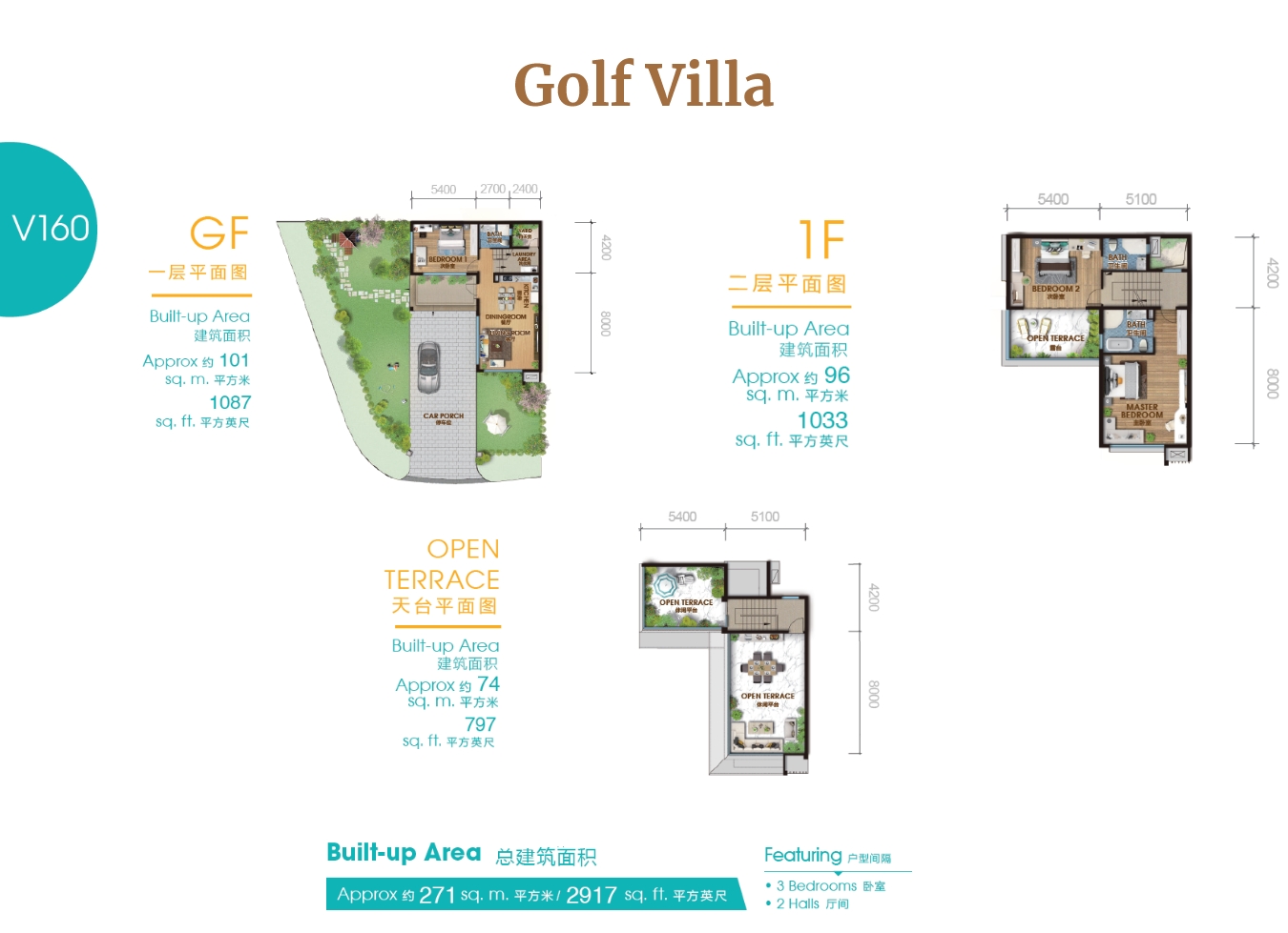 Forest City Golf Villa V160 floor plans, ground, first floor and open terrace
