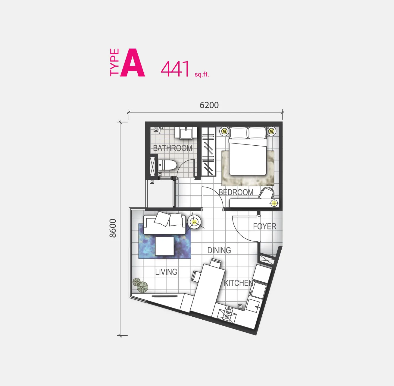 GEM Residences, Prai: Type A studio floor plan, 441 sq ft