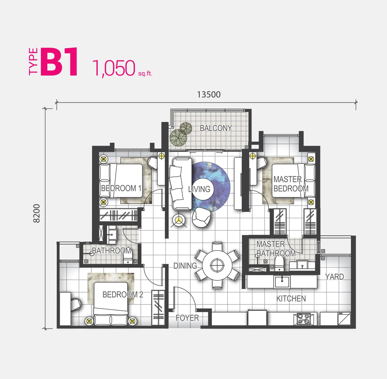 GEM Residences, Prai: Type B1 floor plan, 1,050 sq ft