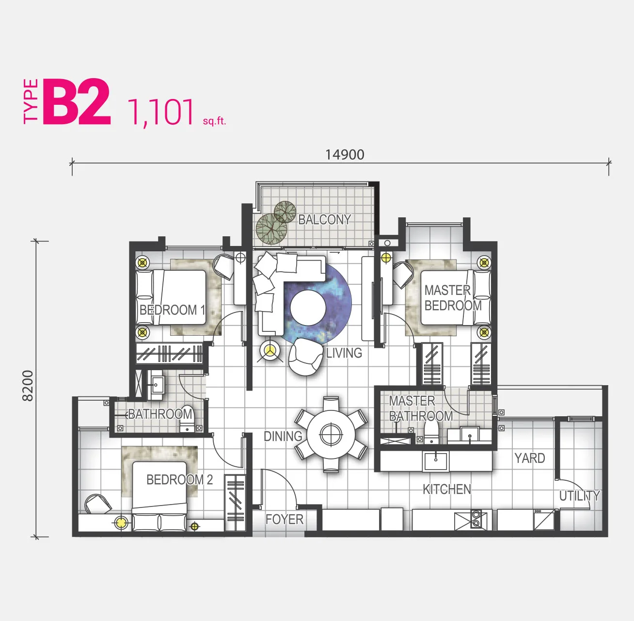 GEM Residences, Prai: Type B2 floor plan, 1,101 sq ft