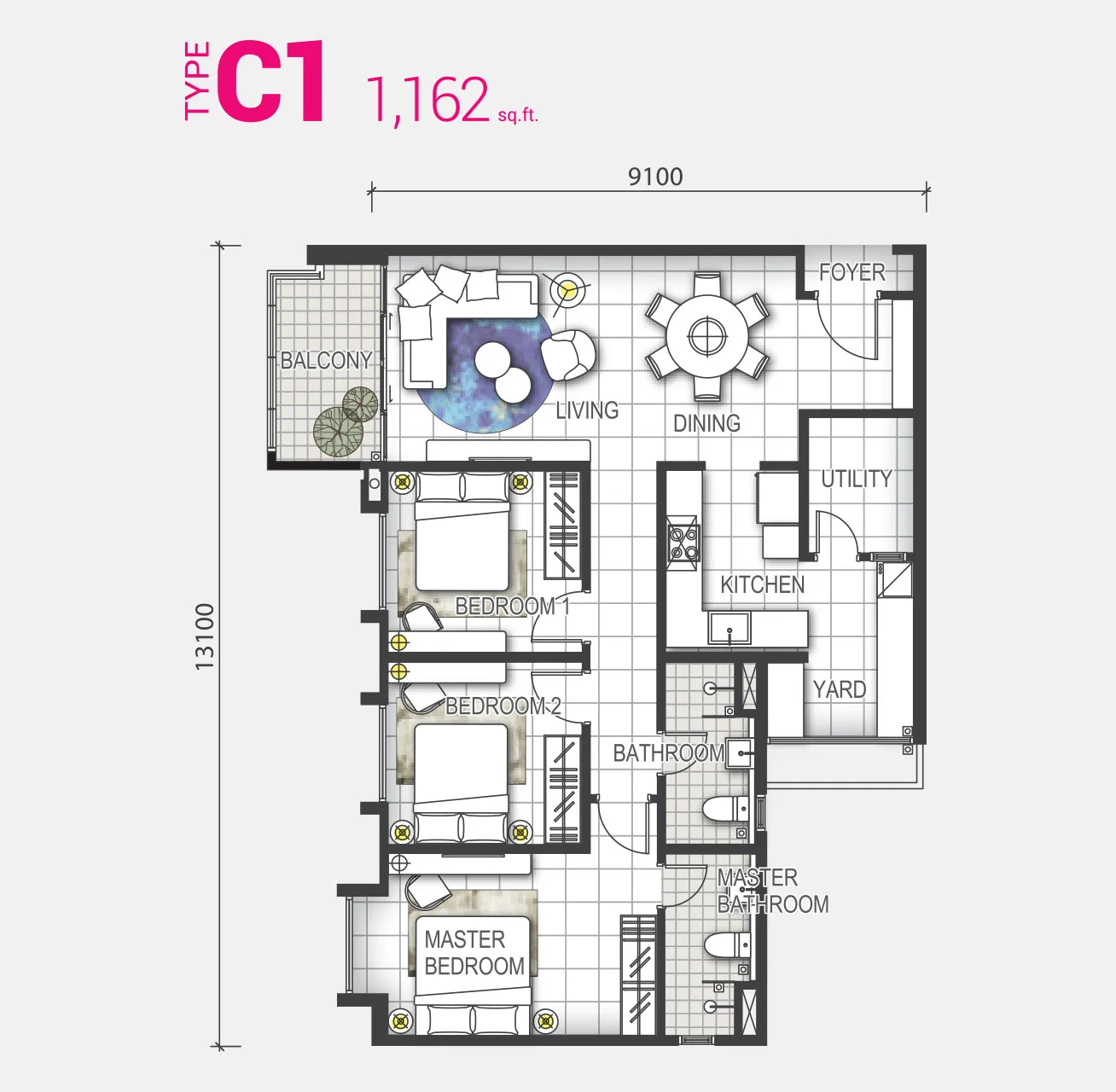 GEM Residences, Prai: Type C1 floor plan, 1,162 sq ft