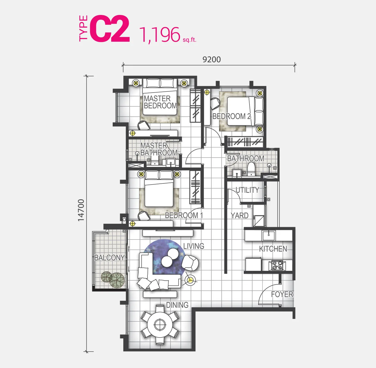 GEM Residences, Prai: Type C2 floor plan, 1,196 sq ft
