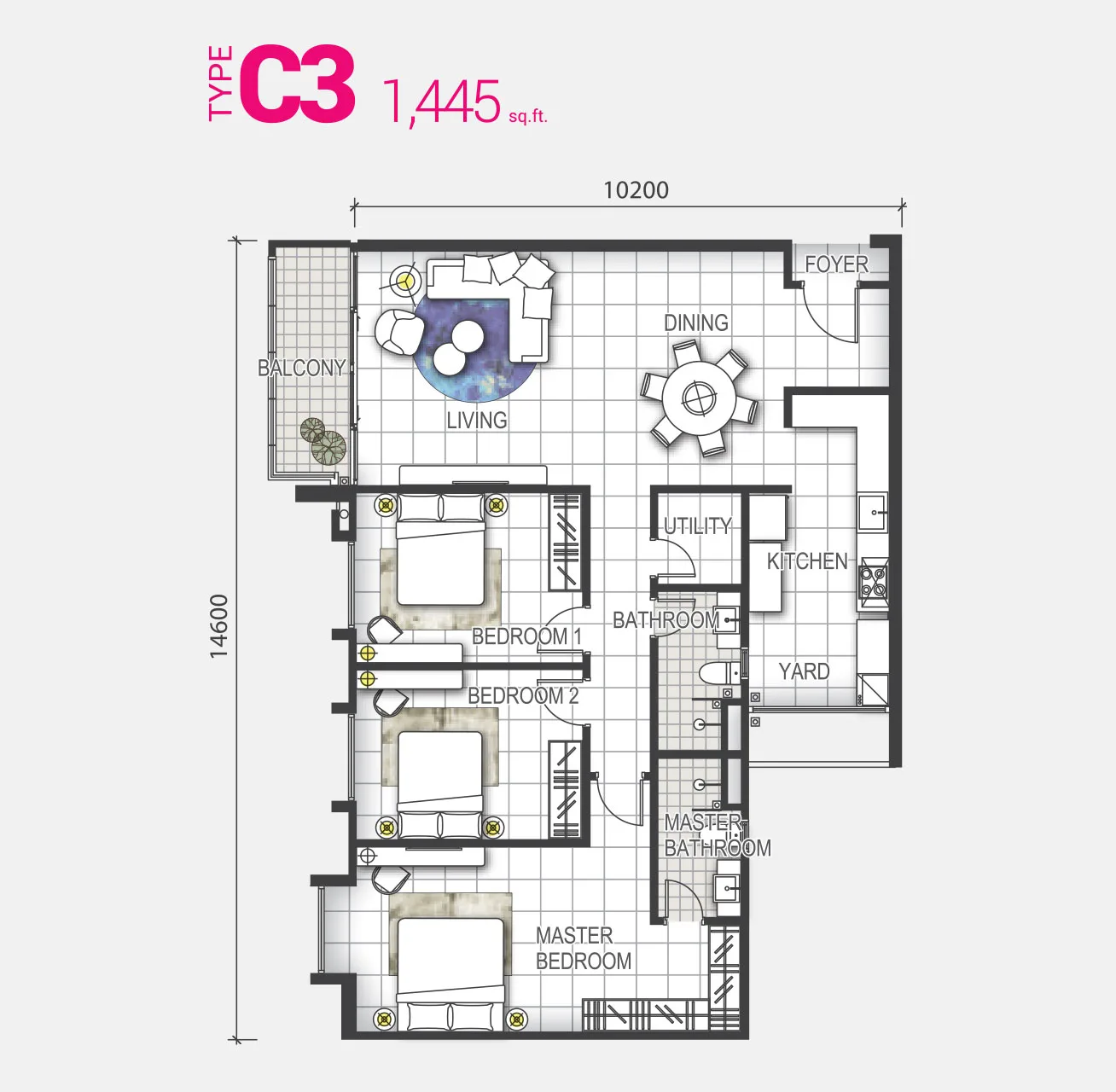 GEM Residences, Prai: Type C3 floor plan, 1,445 sq ft
