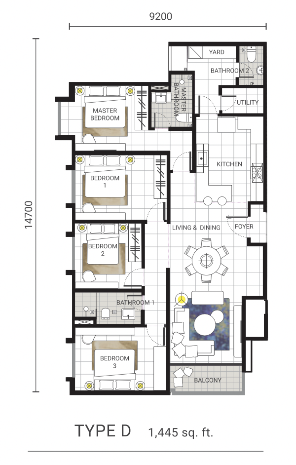 GEM Residences, Prai: Type D 4-bedroom floor plan, 1,445 sq ft
