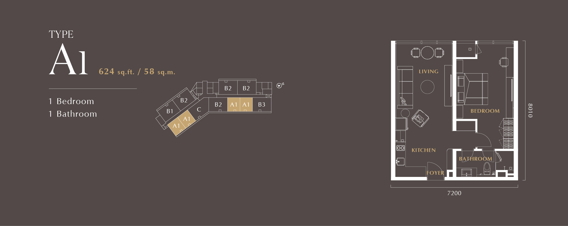 Type A1 floor plan, 624 sq ft