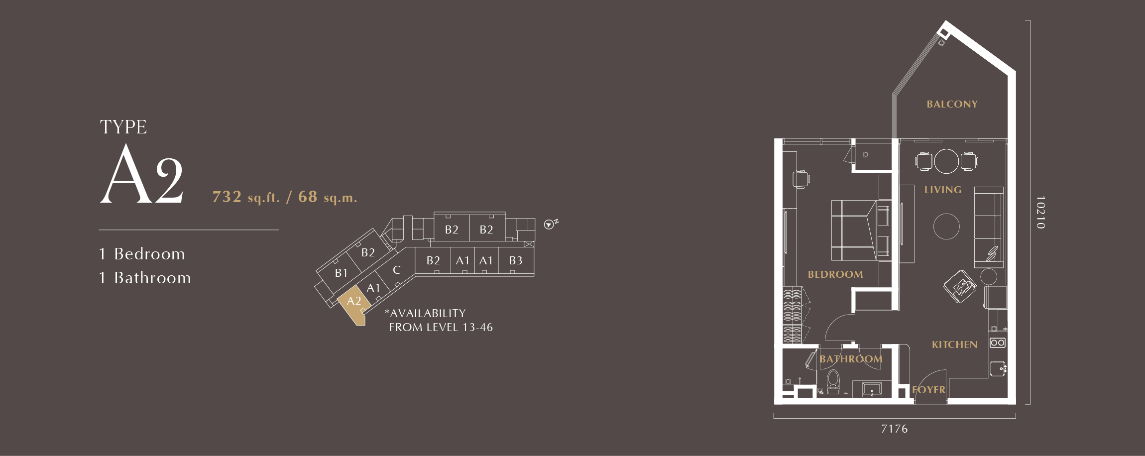 Type A2 floor plan, 732 sq ft