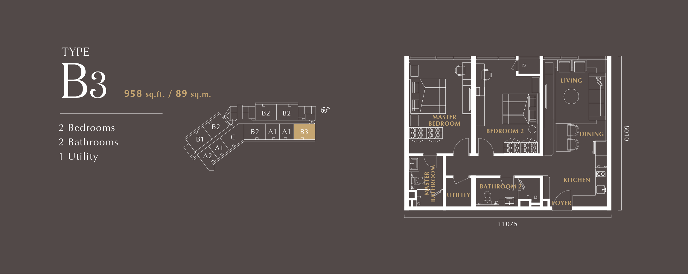 Type B3 floor plan, 958 sq ft