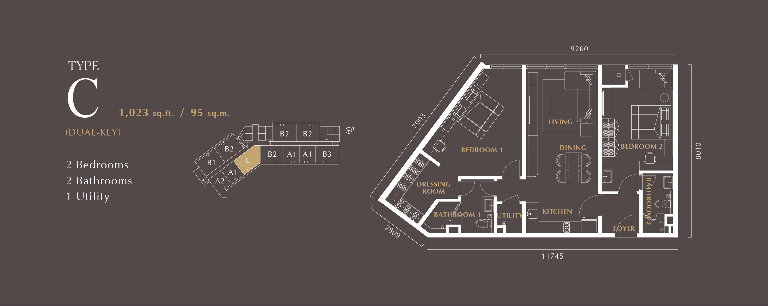 Type C dual-key floor plan, 1,023 sq ft