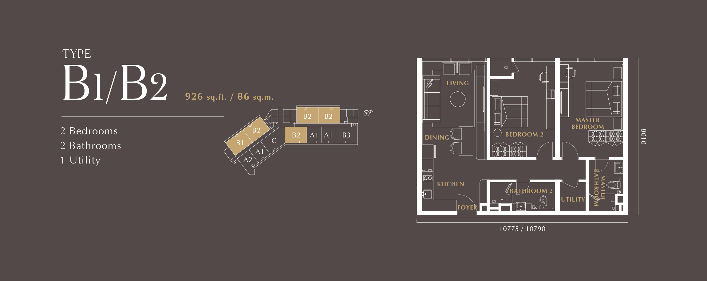 Types B1 and B2 floor plan, 926 sq ft